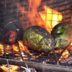 Γοφάρι ψητό με αλοιφή από το χαβιάρι του, κάππαρη και γλιστρίδα. Grilled blue fish, raw soft roes sauce, capper and purslane.