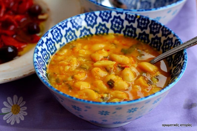 Bean soup with sweet potatoes and celery leaves