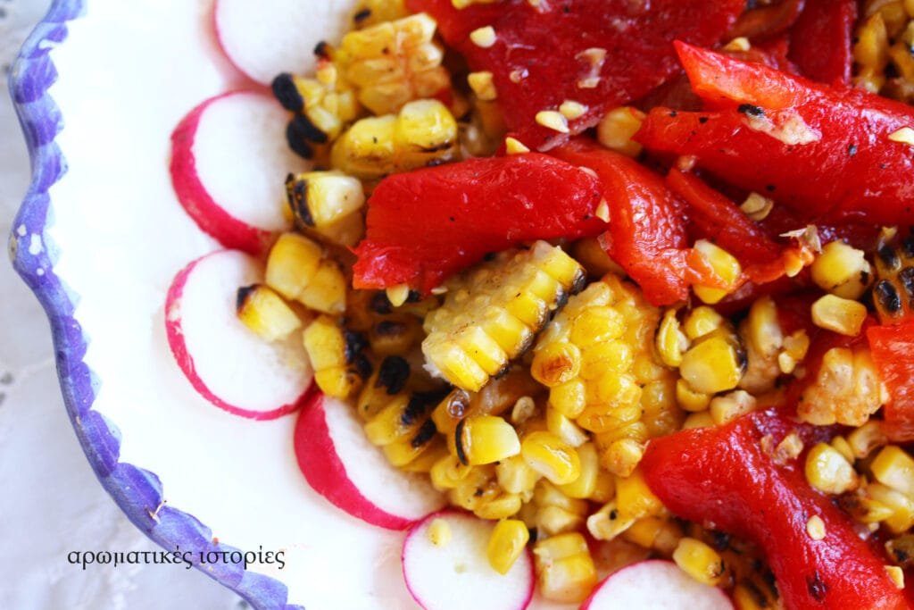 Barbequed red Florinis peppers and sweet corn