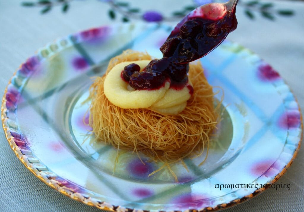 Kadaif with orange cream and forest fruit marmelade