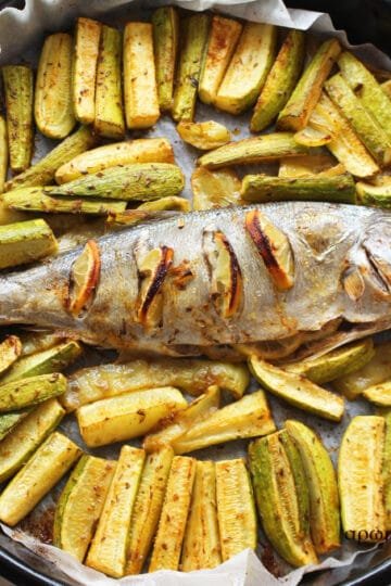 Baked bluefish with courgettes