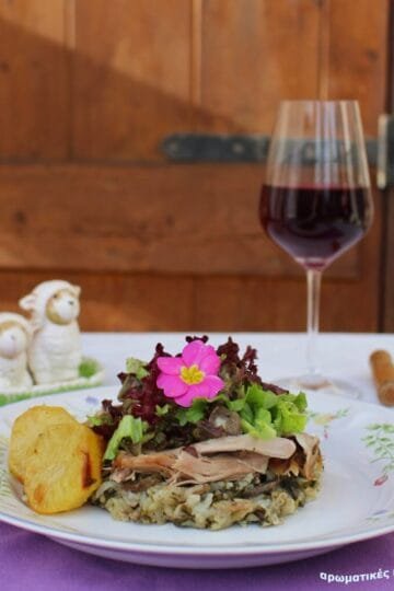 Lamb stuffed with liver, rice and kefalograviera cheese