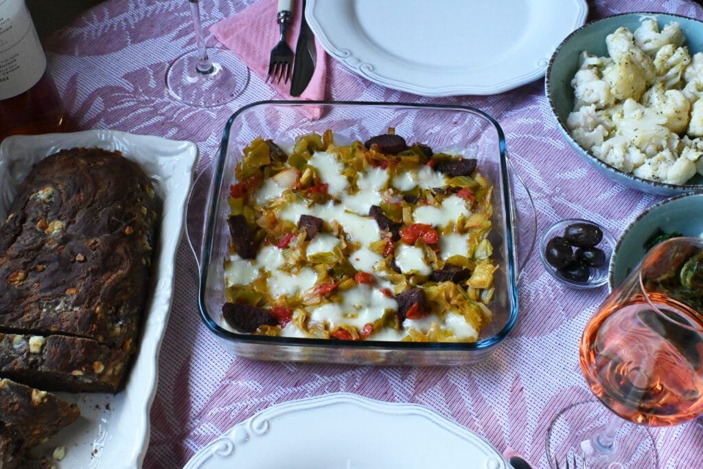 Leeks with sujuk, kasseri greek cheese and dictamnum
