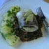 Sea bass fillet with stewed greens