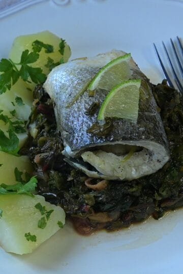 Sea bass fillet with stewed greens