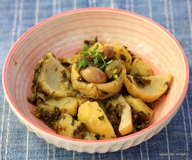 Artichokes with potatoes, pumpkin and kritama