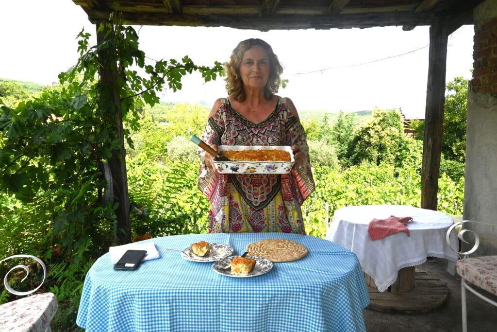 Greek handmade pasta, petoura, in the oven with greek cheese kasseri and metsovone