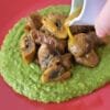 Lemon beef with coconut milk and pea puree